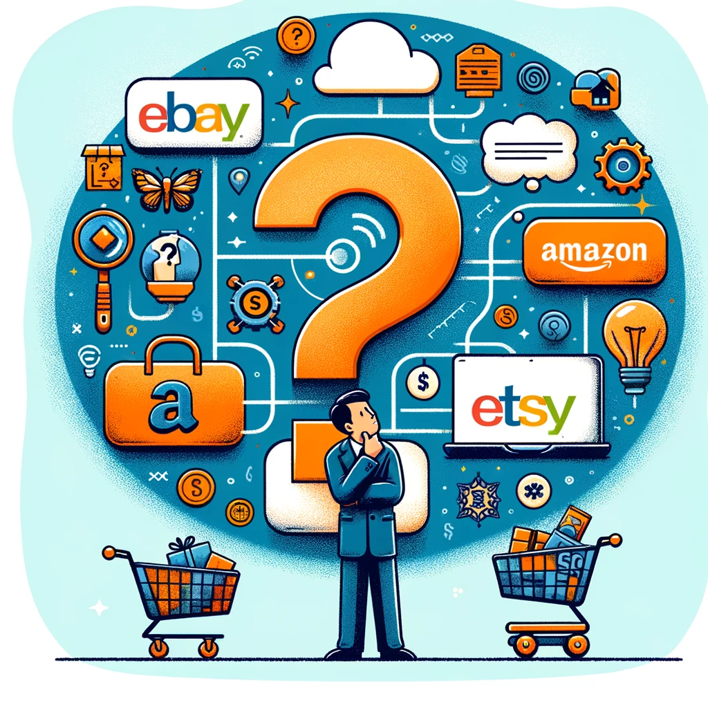 Illustration, die eBay, Amazon und Etsy durch charakteristische Symbole vergleicht: ein Auktionshammer für eBay, einen Einkaufswagen für Amazon und ein handgefertigtes Kunstwerk für Etsy.