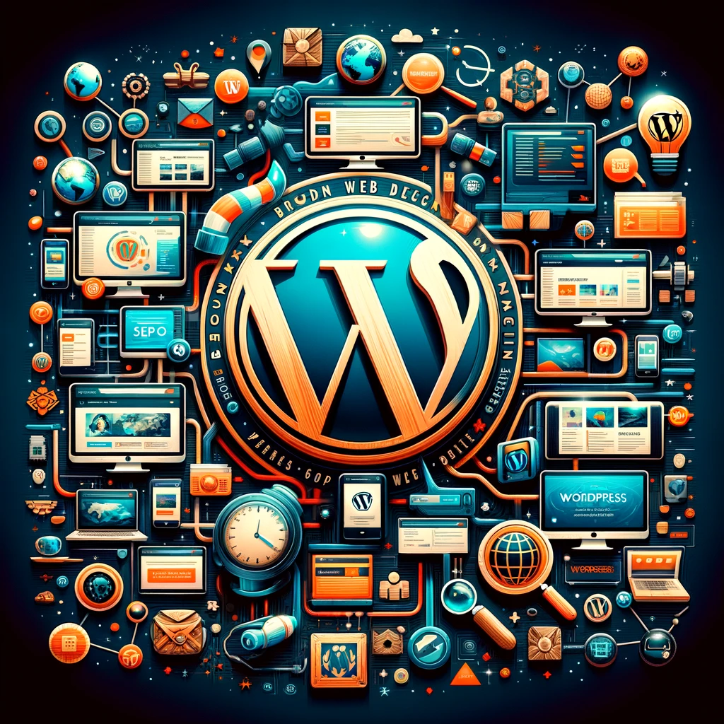 Illustration, die WordPress als zentrales Element des modernen Webdesigns darstellt, mit diversen Bildschirmoberflächen, die die Vielfalt von WordPress-Webseiten zeigen, umgeben von Symbolen der Gemeinschaft und SEO-Optimierung.