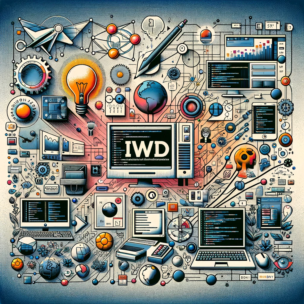 Eine Collage, die die Evolution von IWD (Internet-Webseiten-Dienstleistungen) darstellt, mit Elementen frühen Webdesigns, digitaler Innovation und moderner Webpräsenz, ergänzt durch Symbole für Kreativität, Technologie und Partnerschaft.