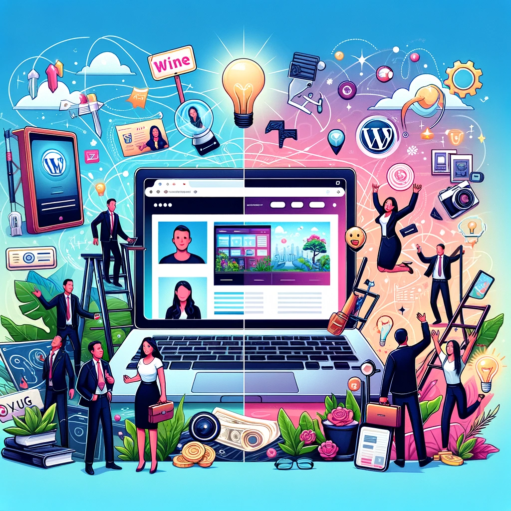 Illustration, die den Übergang von keiner digitalen Präsenz zu einer lebendigen, professionellen WordPress-Website zeigt, mit glücklichen Personen und Erfolgssymbolen.