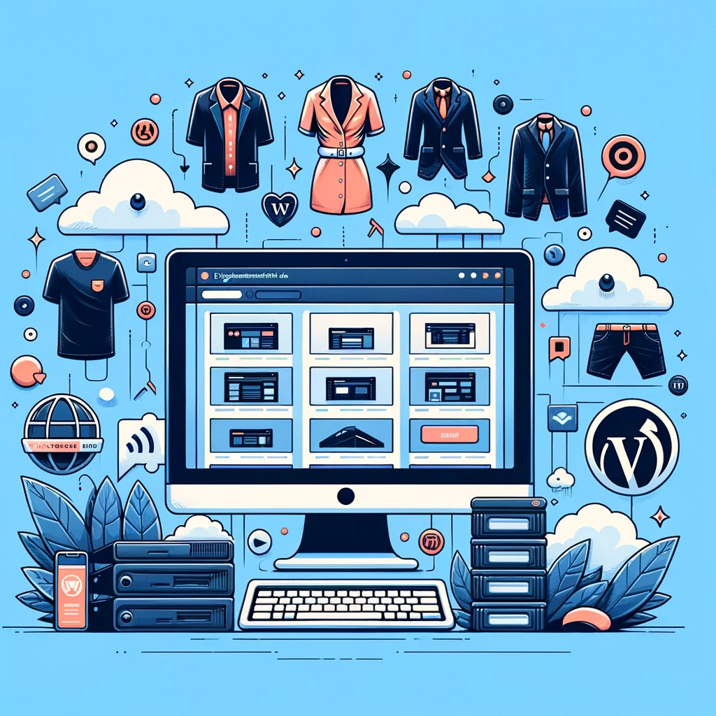 "Illustration eines Computers mit einer modernen Website-Oberfläche, umgeben von WordPress-Themes als Outfits und personalisierten Hosting-Symbolen, die die Anpassungsfähigkeit und Modernität von DigitalerMedienAuftritt.de darstellen.