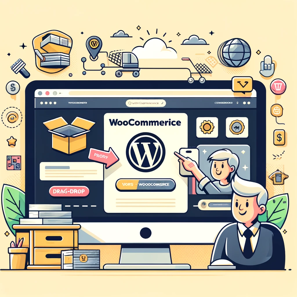 Illustration eines benutzerfreundlichen Online-Shops auf einem Computerbildschirm, der die WooCommerce-Integration in WordPress zeigt, mit Symbolen für Anpassbarkeit und Zufriedenheit.