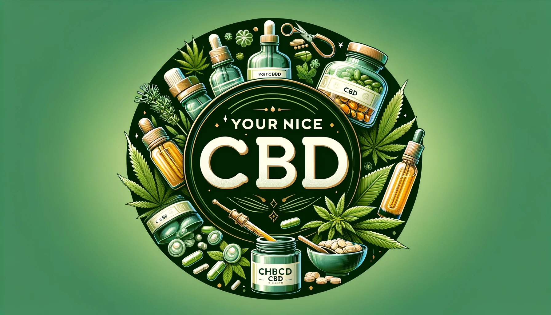 Grünes Spektrum von CBD-Produkten umgeben von einem schwarzen Kreis